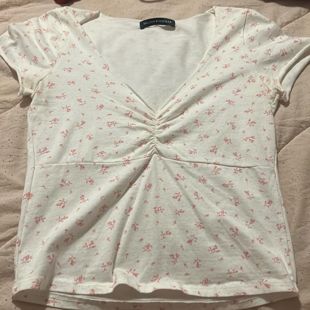Brandy melville cinched Pink and White flower top